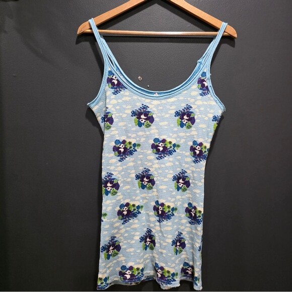 Free People Multi Panda Blue Purple Raw Hem Cotton Thermal Tank Sz M - Picture 10 of 11